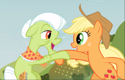 Size: 1468x940 | Tagged: safe, imported from derpibooru, screencap, applejack, granny smith, earth pony, pony, apple family reunion, bipedal, cropped, dancing, elderly, female, freckles, grandmother and granddaughter, looking at each other, mare, open mouth, raise this barn, smiling, twirl