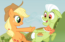 Size: 1452x939 | Tagged: safe, imported from derpibooru, screencap, applejack, granny smith, earth pony, pony, apple family reunion, season 3, bipedal, cropped, cutie mark, dancing, elderly, featureless crotch, female, freckles, grandmother and grandchild, grandmother and granddaughter, mare, open mouth, raise this barn, smiling, standing on two hooves, twirl