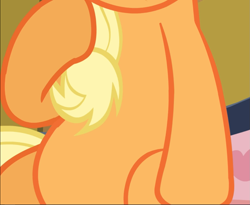 Size: 1143x939 | Tagged: safe, imported from derpibooru, screencap, applejack, earth pony, pony, apple family reunion, belly, chubby, chubby jack, cropped, female, mare, pictures of bellies, raised hoof, sitting, solo