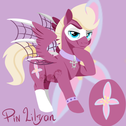 Size: 1000x1000 | Tagged: artist needed, source needed, safe, imported from derpibooru, oc, oc only, oc:pin lilyon, pegasus, pony, cutie mark, male, raised hoof, smiling, smirk, solo, spread wings, stallion, watermark, wings