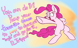 Size: 1280x800 | Tagged: safe, artist:heir-of-rick, imported from derpibooru, pinkie pie, earth pony, pony, abstract background, adorable face, bipedal, caption, cute, diapinkes, female, gradient background, mare, motivational, open mouth, pinkie being pinkie, pointing, ponk, raised eyebrow, smiling, smirk, solo, speech, text, underhoof