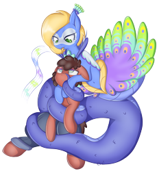 Size: 3165x3404 | Tagged: safe, artist:cha-squared, imported from derpibooru, oc, oc:precious feather, oc:sketchy dupe, bird, lamia, original species, peacock, pony, clothes, coiling, coils, commission, duo, green eyes, hypnosis, hypnotized, lamiafied, pants, peacock pony, simple background, singing, species swap, tongue out, transparent background