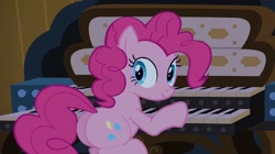 Size: 1200x673 | Tagged: safe, edit, edited screencap, imported from derpibooru, screencap, pinkie pie, earth pony, pony, castle mane-ia, balloonbutt, butt, female, looking at you, mare, musical instrument, organ, organ to the outside, plot, solo, the ass was fat, thicc ass, thick