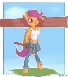 Size: 1200x1363 | Tagged: safe, artist:neko-me, imported from derpibooru, scootaloo, anthro, pegasus, unguligrade anthro, apple bloomers, axe, belly button, breasts, busty scootaloo, clothes, female, fingerless gloves, gloves, jeans, log, midriff, older, one eye closed, pants, shirt, solo, sweat, tanktop, weapon