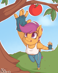 Size: 906x1152 | Tagged: safe, artist:neko-me, imported from derpibooru, scootaloo, anthro, pegasus, unguligrade anthro, apple bloomers, apple, apple tree, armpits, balancing, breasts, busty scootaloo, clothes, female, fingerless gloves, food, gloves, jeans, licking, licking lips, midriff, older, pants, reaching, shirt, solo, tanktop, tongue out, tree, weapon