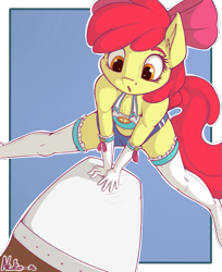 Size: 977x1200 | Tagged: safe, artist:neko-me, imported from derpibooru, apple bloom, anthro, earth pony, unguligrade anthro, apple bloomers, action pose, bandeau, belly button, bow, breasts, busty apple bloom, clothes, female, gloves, hair bow, long gloves, midriff, older, shorts, socks, solo, stockings, thigh highs