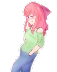 Size: 2000x2500 | Tagged: safe, artist:rmariansj, imported from derpibooru, apple bloom, equestria girls, clothes, female, hand in pocket, hands in pockets, long hair, older, older apple bloom, pants, redraw, simple background, smiling, solo, teenager, traditional art, transparent background