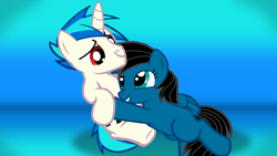 Size: 3840x2160 | Tagged: safe, artist:agkandphotomaker2000, imported from derpibooru, dj pon-3, vinyl scratch, oc, oc:pony video maker, pegasus, pony, unicorn, canon x oc, cuddling, female, male, record scrape, rule 63, stallion, straight, videoscratch