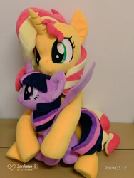 Size: 768x1024 | Tagged: safe, artist:nekokevin, imported from derpibooru, sunset shimmer, twilight sparkle, alicorn, pony, unicorn, duo, female, hug, irl, mare, photo, plushie, sitting, size difference, smiling, spread wings, twilight sparkle (alicorn), wings