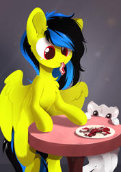 Size: 1157x1637 | Tagged: safe, artist:kebchach, imported from derpibooru, oc, oc only, oc:here after, cat, pegasus, pony, bacon, food, meat, ponies eating meat, solo, table
