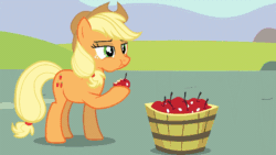 Size: 636x359 | Tagged: safe, artist:forgalorga, imported from derpibooru, applejack, twilight sparkle, alicorn, earth pony, ghost, pony, animated, apple, bucket, cowboy hat, duo, eating, female, food, gif, hat, herbivore, hooves, horn, horn ring, intangible, mare, open mouth, pony and magical artifact, prank, ring, shocked, throwing, throwing away, toss, transparent, transparent pony, twilight sparkle (alicorn), wat