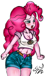 Size: 443x721 | Tagged: safe, artist:steca, imported from derpibooru, pinkie pie, equestria girls, belly button, breasts, busty pinkie pie, cleavage, clothes, female, midriff, open mouth, shirt, shorts, solo
