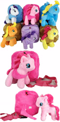 Size: 3016x6072 | Tagged: safe, imported from derpibooru, applejack, fluttershy, pinkie pie, rarity, twilight sparkle, earth pony, pony, absurd resolution, backpack, bootleg, child leash, earth pony fluttershy, earth pony rarity, earth pony twilight, female, irl, mare, missing cutie mark, photo, plush backpack, plushie, race swap, unknown pony
