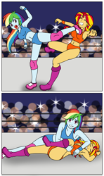 Size: 1000x1687 | Tagged: safe, artist:linedraweer, imported from derpibooru, rainbow dash, sunset shimmer, fighting is magic, equestria girls, armpits, audience, belly button, camera flashes, clothes, comic, commission, crowd, fight, kick, kicking, midriff, pin, pinfall, pinning, sports, sports bra, sports panties, super kick, unconscious, wrestling, wrestling ring