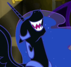 Size: 403x377 | Tagged: safe, imported from derpibooru, screencap, nightmare moon, alicorn, pony, do princesses dream of magic sheep, animated, cropped, evil laugh, fangs, female, gif, laughing, mare, reaction image, sharp teeth, solo, teeth