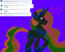 Size: 993x801 | Tagged: safe, artist:dazzlingmimi, artist:eeveeglaceon, imported from derpibooru, princess celestia, alicorn, pony, tumblr:the sun has inverted, answer, answers, blue background, blue sun, civil war, color change, comments, darkened coat, divided equestria, female, green eye, indigo background, invert princess celestia, inverted, inverted colors, inverted princess celestia, purple background, rainbow hair, sidemouth, simple background, solo, speech bubble, tumblr, violet background, word balloon, word bubble