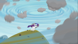 Size: 1668x938 | Tagged: safe, imported from derpibooru, screencap, rarity, pony, unicorn, magical mystery cure, cloud, female, glowing horn, magic, magic aura, mare, solo, struggling, weather control, weather magic, what my cutie mark is telling me, whirlwind, wind, windswept mane, windswept tail