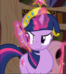 Size: 834x940 | Tagged: safe, imported from derpibooru, screencap, fluttershy, twilight sparkle, pony, unicorn, magical mystery cure, big crown thingy, confident, cropped, element of magic, female, glowing horn, golden oaks library, jewelry, levitation, magic, quill, regalia, smiling, smirk, telekinesis, unicorn twilight