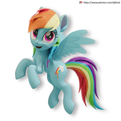 Size: 2176x2176 | Tagged: safe, artist:therealdjthed, imported from derpibooru, rainbow dash, pegasus, pony, 3d, 3d model, blender, blender cycles, cute, cycles, cycles render, female, flying, mare, model:djthed, patreon, patreon logo, simple background, solo, transparent background, wings