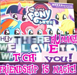 Size: 509x491 | Tagged: safe, artist:horsesplease, imported from derpibooru, applejack, fluttershy, pinkie pie, rainbow dash, rarity, twilight sparkle, bronybait, caption, chinese, expand dong, exploitable meme, image macro, mane six, meme, not creepy, peekaboo, text, title drop, wow! glimmer