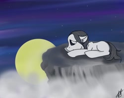 Size: 807x640 | Tagged: safe, artist:ianotouta-way, imported from derpibooru, oc, oc only, oc:shakes heartwood, earth pony, pony, cliff, digital art, female, fog, lying down, mare, moon, night, prone, sad, sky, solo