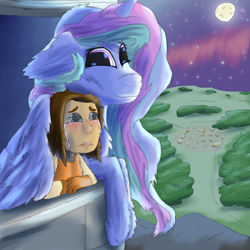 Size: 1584x1584 | Tagged: safe, artist:firefanatic, imported from derpibooru, princess celestia, human, aurora, comforting, crying, fluffy, forest, hug, momlestia, moon, mountain, night, stars, train tracks, village, window, winghug