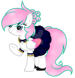 Size: 1024x1063 | Tagged: safe, artist:angelamusic13, imported from derpibooru, oc, oc only, oc:angela music, pegasus, pony, clothes, cute, deviantart watermark, female, mare, obtrusive watermark, ocbetes, pleated skirt, shirt, shoes, simple background, skirt, socks, solo, two toned wings, watermark, white background