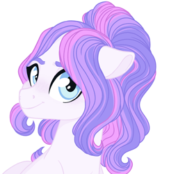 Size: 1448x1490 | Tagged: safe, artist:whalepornoz, imported from derpibooru, oc, oc only, oc:morning blossom, pony, bust, looking at you, offspring, parent:spearhead, parent:twinkleshine, ponytail, portrait, simple background, solo