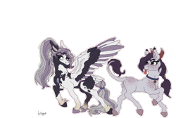 Size: 1200x806 | Tagged: safe, artist:pegasus004, imported from derpibooru, oc, oc:peppercorn, oc:salt water, pegasus, pony, cloven hooves, collar, demon horns, fangs, feather, hair tie, jewelry, leonine tail, necklace, ponytail, shire, tongue out