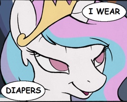 Size: 600x483 | Tagged: source needed, safe, artist:furseiseki, edit, edited edit, imported from derpibooru, princess celestia, alicorn, pony, abdl, adult foal, bedroom eyes, close-up, comic sans, confession, crown, dialogue, diaper, diaper fetish, ears up, eyelashes, female, fetish, happy, horn, jewelry, mare, non-baby in diaper, nostrils, open mouth, princess, regalia, royalty, smiling, smirk, smug, solo, speech bubble, statement, text, text edit, wall of tags