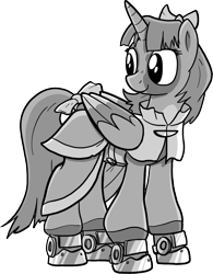 Size: 1343x1725 | Tagged: safe, artist:petirep, imported from derpibooru, oc, oc only, alicorn, pony, buck legacy, armor, black and white, bow, card art, clothes, female, folded wings, grayscale, mare, monochrome, robe, robes, simple background, solo, transparent background, wings