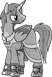 Size: 1158x1698 | Tagged: safe, artist:petirep, imported from derpibooru, oc, oc only, alicorn, pony, buck legacy, armor, black and white, card art, clothes, folded wings, grayscale, male, monochrome, robe, robes, simple background, solo, transparent background, wings