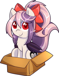 Size: 1411x1793 | Tagged: safe, artist:xwhitedreamsx, imported from derpibooru, oc, oc only, oc:sweet velvet, bat pony, pony, bat pony oc, bow, box, cute, female, hair bow, if i fits i sits, ocbetes, pony in a box, simple background, smiling, solo, transparent background