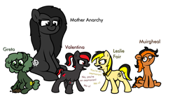 Size: 2161x1210 | Tagged: safe, artist:moonatik, imported from derpibooru, imported from ponybooru, oc, oc only, oc:comrade valentina, oc:greta, oc:leslie fair, oc:mother anarchy, oc:muirgheal, pony, anarchism, anarcho-capitalism, anarcho-communism, anarchy, angry, antifa, argument, armband, bowtie, dialogue, female, filly, foal, happy, mare, mutualism, no u, plant, politics