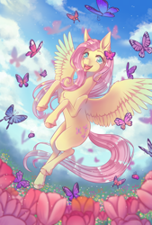 Size: 676x1000 | Tagged: safe, artist:12irinchan, imported from derpibooru, fluttershy, butterfly, pegasus, pony, chest fluff, colored hooves, complex background, cute, digital art, female, flower, flower field, flying, happy, hoof fluff, mare, open mouth, outdoors, shyabetes, sky, smiling, solo, spread wings, unshorn fetlocks, wings