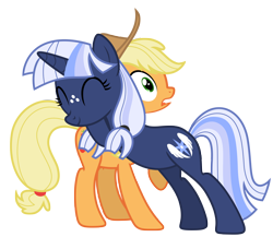 Size: 8789x7614 | Tagged: safe, artist:estories, imported from derpibooru, applejack, oc, oc:silverlay, original species, pony, unicorn, ^^, absurd resolution, applejack's hat, canon x oc, cowboy hat, eyes closed, female, hat, lesbian, mare, shipping, silverjack, simple background, transparent background, umbra pony, vector