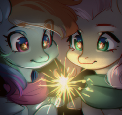 Size: 1163x1098 | Tagged: safe, artist:aphphphphp, imported from derpibooru, fluttershy, rainbow dash, pegasus, pony, clothes, duo, eye reflection, female, fireworks, hoof hold, looking at something, mare, reflection, scarf, sparkler (firework)