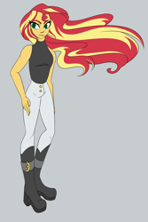 Size: 4000x6000 | Tagged: safe, artist:puddingskinmcgee, derpibooru exclusive, imported from derpibooru, sunset shimmer, human, equestria girls, boots, clothes, female, hand on hip, shoes, simple background, sleeveless, solo, windswept hair, wip