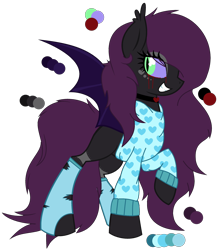 Size: 2128x2444 | Tagged: safe, artist:space--paws0w0, imported from derpibooru, oc, oc only, oc:major elegy, bat pony, pony, bat pony oc, bedroom eyes, blood, choker, clothes, colored sclera, crying, edgy, eyeshadow, female, grin, heart, makeup, mare, raised hoof, reference sheet, smiling, socks, solo, stockings, sweater, tattoo, tears of blood, thigh highs, torn clothes