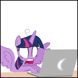 Size: 2000x2000 | Tagged: safe, artist:mrkat7214, imported from derpibooru, twilight sparkle, alicorn, pony, comic:twilight vs. computer, computer, cropped, empty eyes, female, high res, jaw drop, laptop computer, reaction image, shocked, simple background, solo, spread wings, twilight sparkle (alicorn), white background, wings