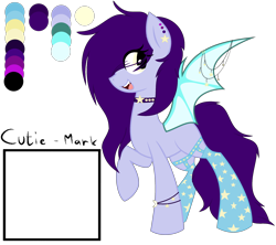 Size: 2712x2408 | Tagged: safe, artist:space--paws0w0, imported from derpibooru, oc, oc only, oc:partita keys, bat pony, pony, bat pony oc, blank flank, bracelet, choker, clothes, ear piercing, earring, fangs, female, jewelry, mare, open mouth, piercing, raised hoof, reference sheet, simple background, socks, solo, spiked choker, stars, stockings, thigh highs, transparent background, wing piercing