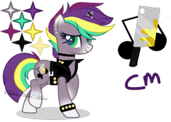 Size: 1843x1311 | Tagged: safe, artist:space--paws0w0, imported from derpibooru, oc, oc only, oc:punk note, pony, unicorn, belt, blaze (coat marking), choker, clothes, coat markings, ear piercing, earring, facial markings, female, horn ring, jacket, jewelry, leather jacket, mare, multicolored hair, nose piercing, nose ring, piercing, raised hoof, simple background, socks (coat marking), socks (coat markings), solo, spiked wristband, transparent background, wristband