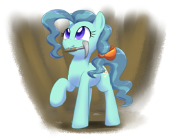 Size: 1145x913 | Tagged: safe, artist:acersiii, imported from derpibooru, petunia paleo, earth pony, pony, adult, archaeology, bow, colored pupils, cute, female, hair bow, happy, mare, mouth hold, petuniabetes, pickaxe, solo