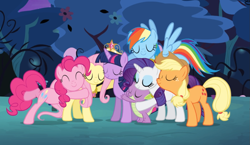 Size: 1213x705 | Tagged: safe, imported from derpibooru, screencap, applejack, fluttershy, pinkie pie, rainbow dash, rarity, spike, twilight sparkle, alicorn, dragon, earth pony, pegasus, pony, unicorn, princess twilight sparkle (episode), big crown thingy, crown, cute, element of kindness, element of magic, elements of harmony, eyes closed, female, group hug, hug, jewelry, male, mane seven, mane six, mare, necklace, regalia, smiling, twilight sparkle (alicorn)