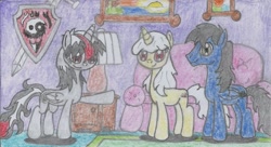 Size: 1513x826 | Tagged: safe, artist:nephilim rider, imported from derpibooru, oc, oc:black storm, oc:heaven lost, oc:morning light, pegasus, pony, unicorn, traditional art