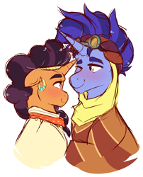 Size: 1968x2432 | Tagged: safe, artist:canisrettmajoris, edit, imported from derpibooru, hoo'far, saffron masala, pony, unicorn, blushing, clothes, crack shipping, cropped, eye contact, female, looking at each other, male, mare, saf'far, shipping, stallion, straight