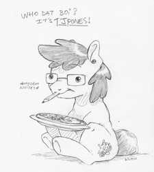 Size: 1563x1736 | Tagged: safe, artist:dilarus, deleted from derpibooru, imported from derpibooru, oc, oc only, oc:tjpones, earth pony, pony, dialogue, ear piercing, food, glasses, monochrome, onomatopoeia, pencil, piercing, pizza, ponified, simple background, sitting, solo, traditional art, white background