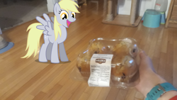 Size: 1967x1106 | Tagged: safe, artist:joeydr, derpibooru exclusive, imported from derpibooru, photographer:joeydr, derpy hooves, human, pegasus, pony, cute, derpabetes, eyes on the prize, female, food, hand, happy, irl, irl human, mare, muffin, offscreen character, open mouth, photo, ponies in real life, pov, smiling, solo focus, spread wings, wings