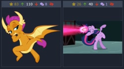 Size: 438x243 | Tagged: safe, imported from derpibooru, smolder, twilight sparkle, unicorn, derpibooru, magic duel, blast, juxtaposition, juxtaposition win, magic, magic blast, meme, meta, unicorn twilight