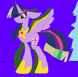 Size: 1240x1214 | Tagged: safe, artist:dazzlingmimi, artist:eeveeglaceon, imported from derpibooru, twilight sparkle, alicorn, pony, tumblr:the sun has inverted, armor, blue background, brighter hair, civil war, color change, darkened coat, divided equestria, female, hoof shoes, indigo background, inversion attempt, inversion spell, inverted, inverted colors, lighter hair, partial inversion, property damage, purple background, rebellion, resistance, sidemouth, simple background, solo, tumblr, twilight sparkle (alicorn), violet background